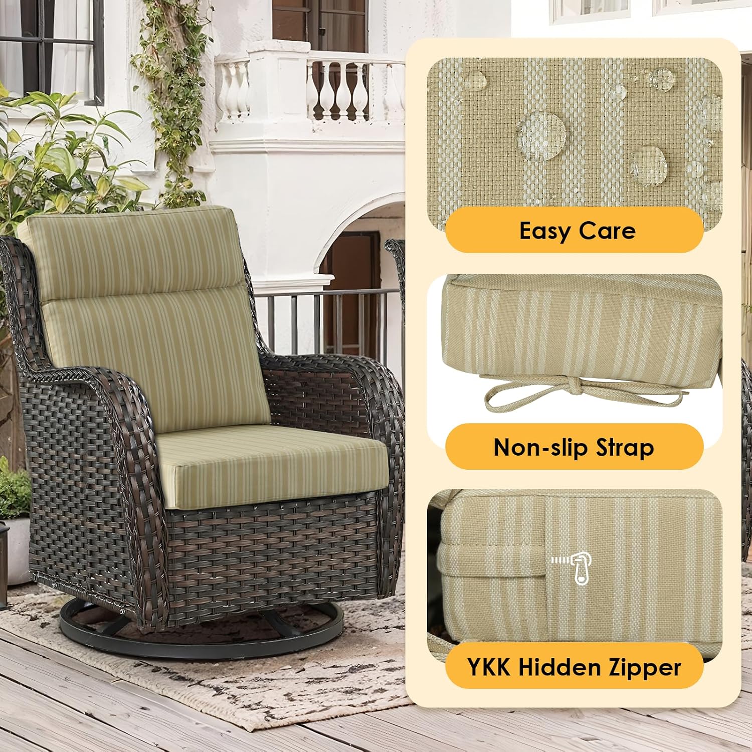 Outdoor High Back Chair Cushion, 2 Pack 44x21 inches Patio Chair Cushions Water Repellent Rocking Cushions Indoor Furniture Seat Pad, Beige Brown Stripe