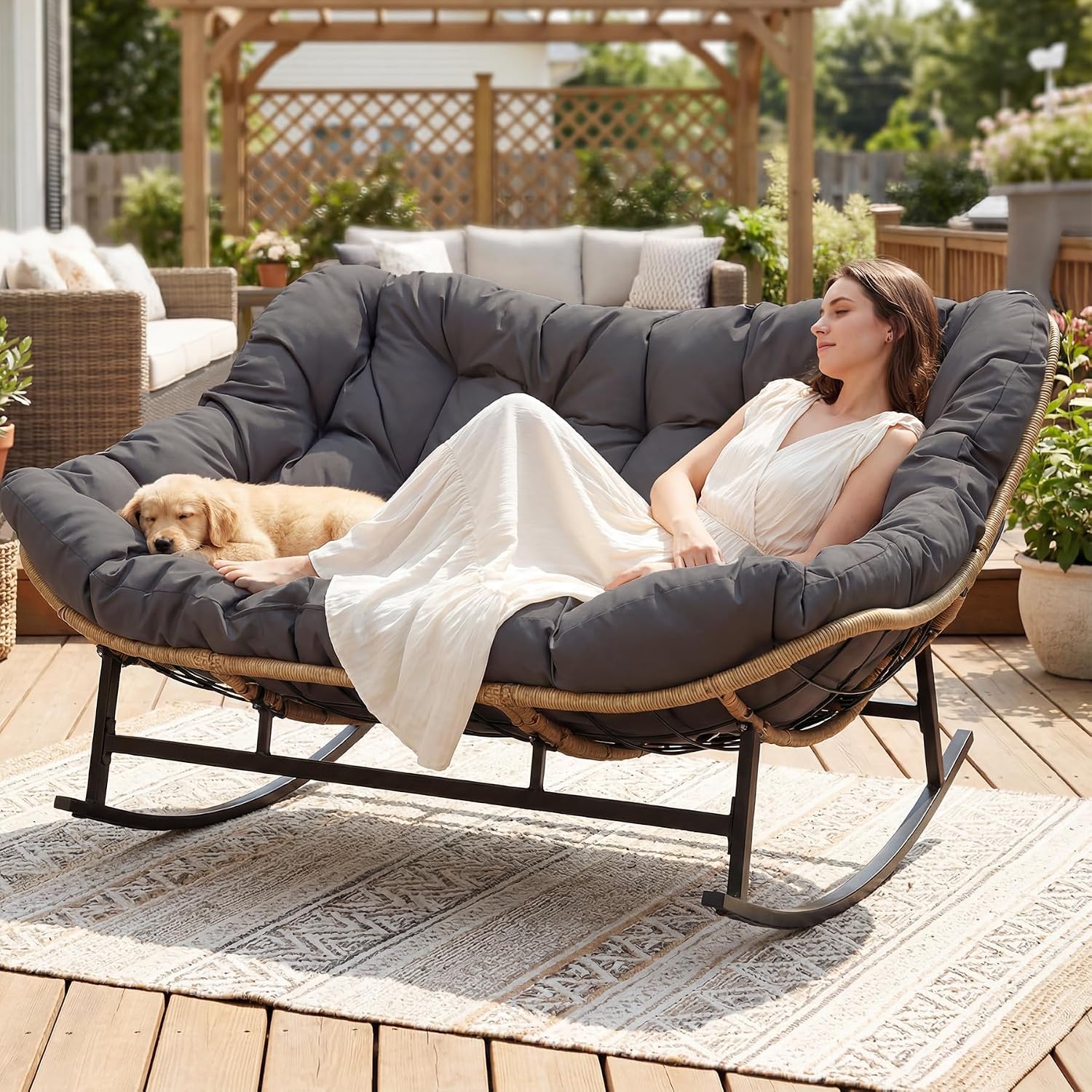 NICESOUL Double Wide Rocking Papasan Chair Outdoor Indoor for 2, PE Wicker Patio Rocking Chair with Cushion and Frame, 700 lbs Heavy Duty Big Comfy Lounge Chair for Porch, Balcony & Living Room, Grey