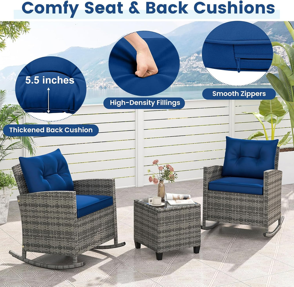 KOTEK 3 Piece Patio Furniture Rocking Bistro Set, Wicker Outdoor Rocking Chairs & Glass Table, PE Rattan Conversation Set for Porch, Balcony, Deck, Poolside (Mix Grey- Navy)