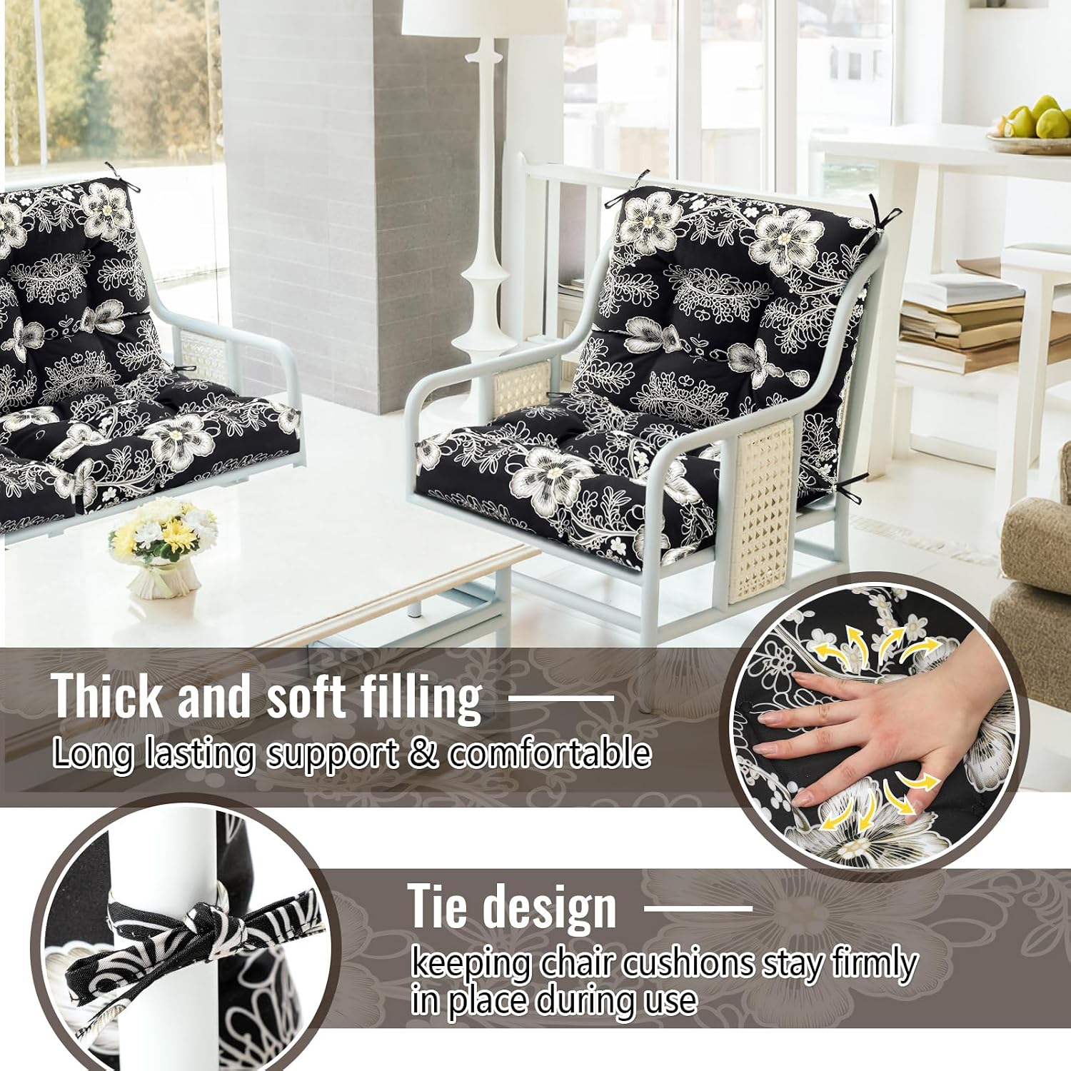 Marsui 4 Pcs Outdoor Indoor High Back Chair Cushions Patio Furniture Tufted Pillow with Ties Water-Resistant Replacement Outdoor Rocking Chair Cushions, 42 x 21 Inches (Black,Flower)