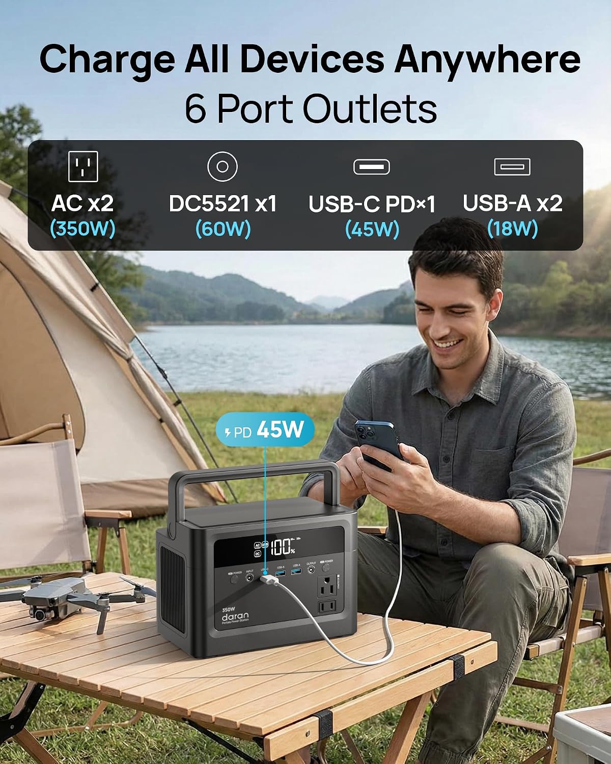 2026 Portable Power Station 700W Surge, 230.4Wh LiFePO4 (LFP) Battery, Power Bank 110V/ 350W Pure Sine Wave AC Outlet, Solar Generator Fast Charging for Camping, Emergency, Laptop, RV, Off-Grid Living