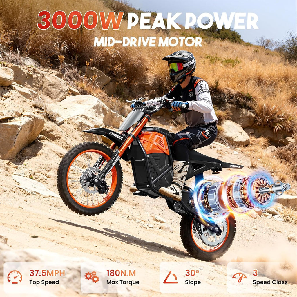 EILLEO Electric Dirt Bike for Adults/Teens, 48V 3000W Electric Motorcycle with 14'/12' Fat Tire, 37.5MPH 60 Miles Range, Mountain Off-Road Ebike with Hydraulic Brakes Age 13+