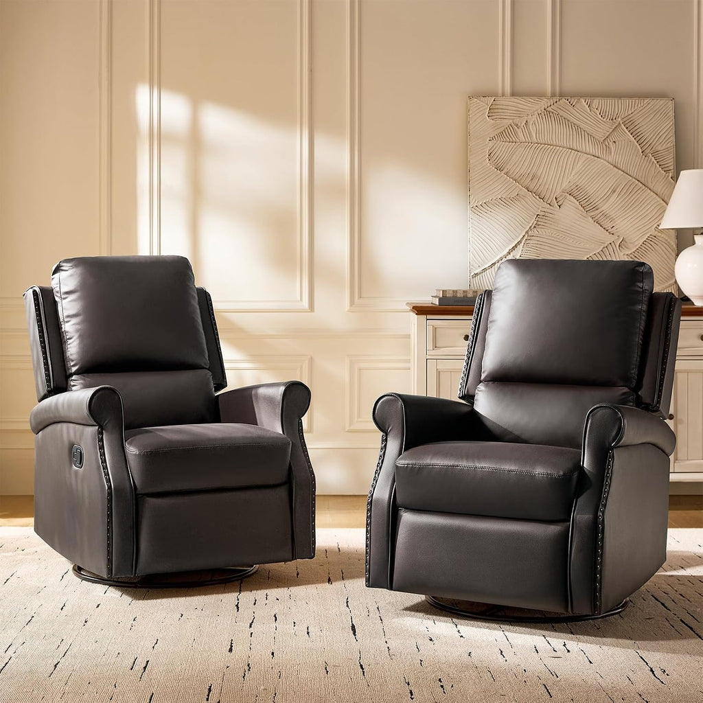 HULALA HOME Faux Leather Swivel Rocker Recliners Set of 2 with Adjustable Backrest and Footrest, Push Back Recliner Chairs with Nailhead Trim, Swivel Glider Rocking Chairs for Living Room, Brown