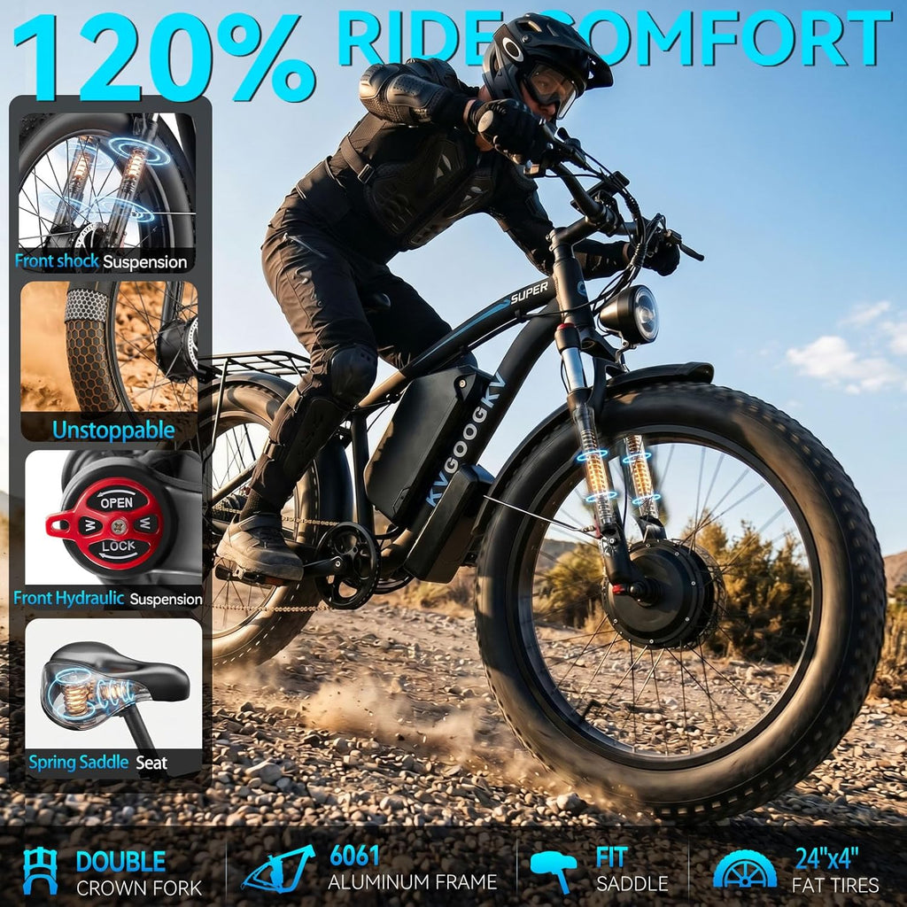 9000W Peak Electric Bike for Adults,58V Max-Output 1972Wh Dual Motor Ebike,47MPH 105 Miles Long Range,24' x4.0 Fat Tire Lockable Suspension Electric Bicycle for Off-Road Mountain Commuter