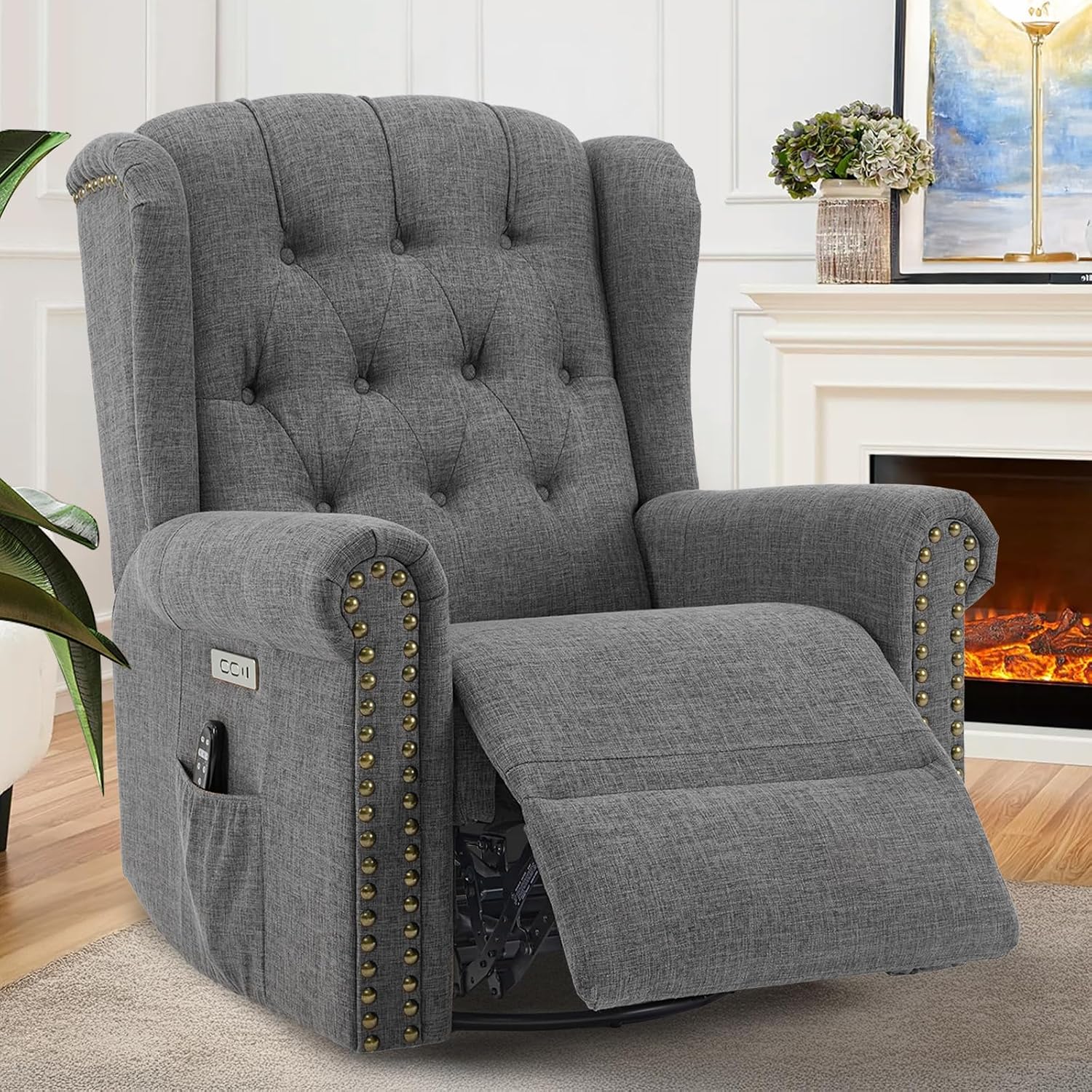 VIVIJASON Power Swivel Rocking Recliner Chair with Massage & Heat, Electric Rocker Glider Chair for Nursery, Wingback Tufted Upholstered Recliner W/Type-C & USB Ports for Living Room, Bedroom, Grey