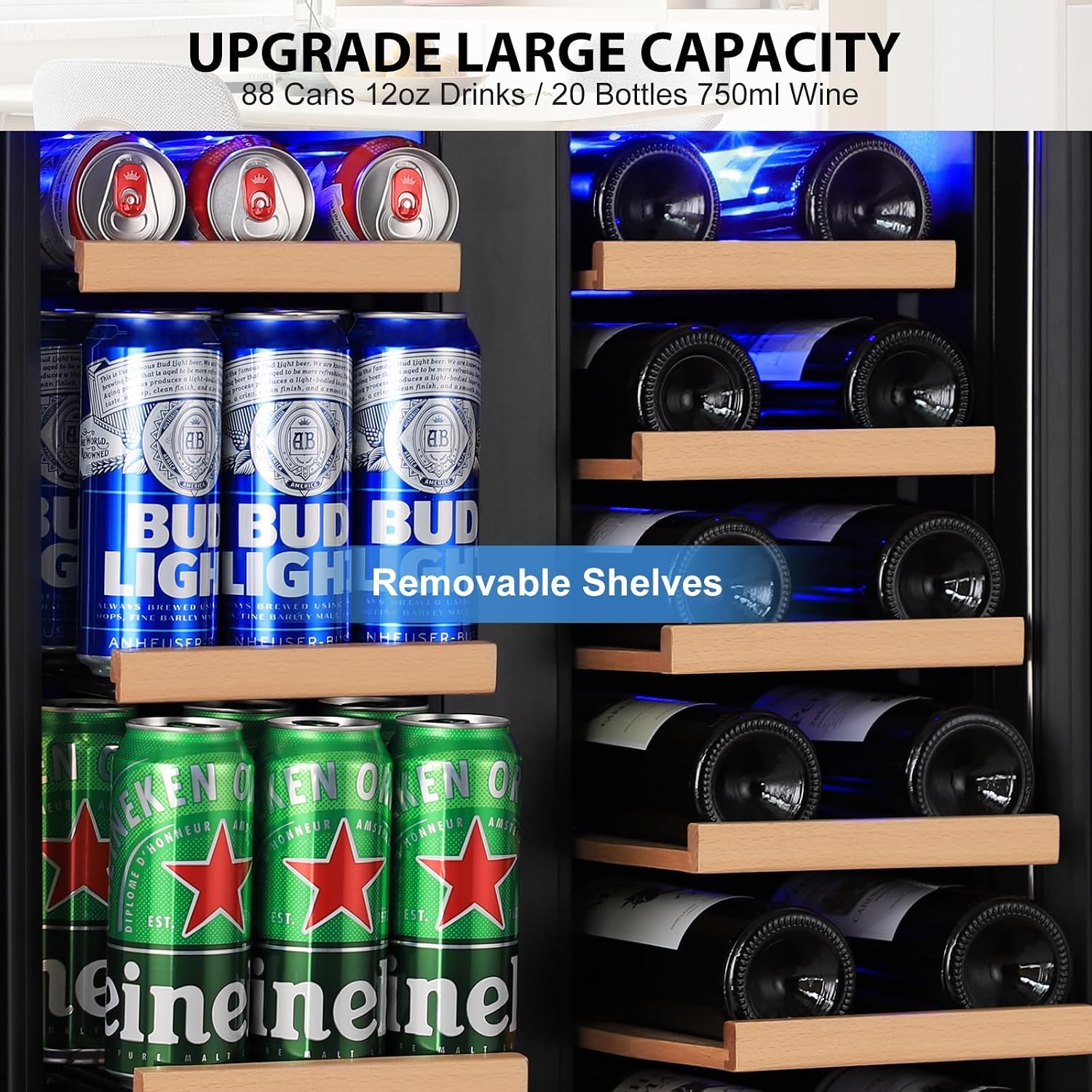 24' Dual Zone Wine & Beverage Refrigerator – Under Counter Cooler with Upgraded Cooling & Blue LED Light, Hold 20 Bottles and 88 Cans Large Capacity Wine Fridge, Built-In or Freestanding – Black