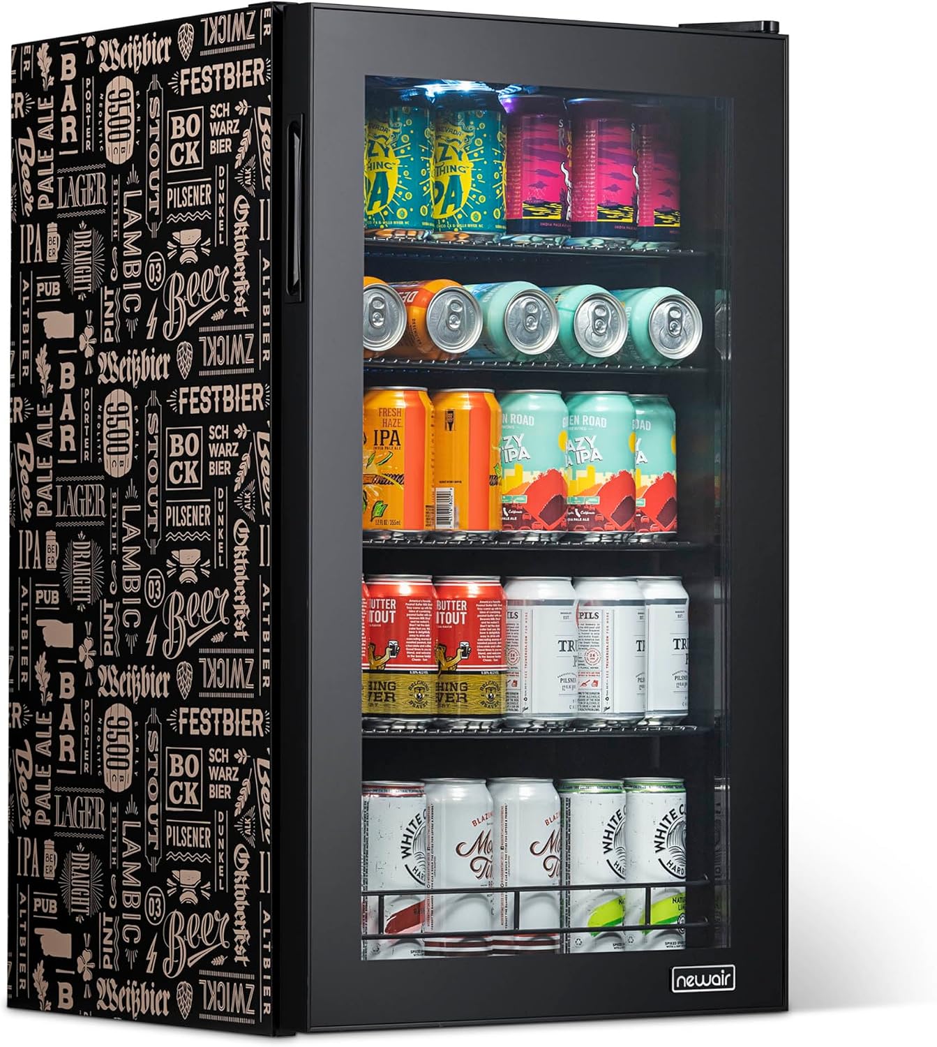 NewAir 126 Can Beverage Refrigerator | Freestanding Mini Fridge for Home Bar or Office | SplitShelf Storage, 32°F Cooling & LED Lighting | 'Beers of the World' Design