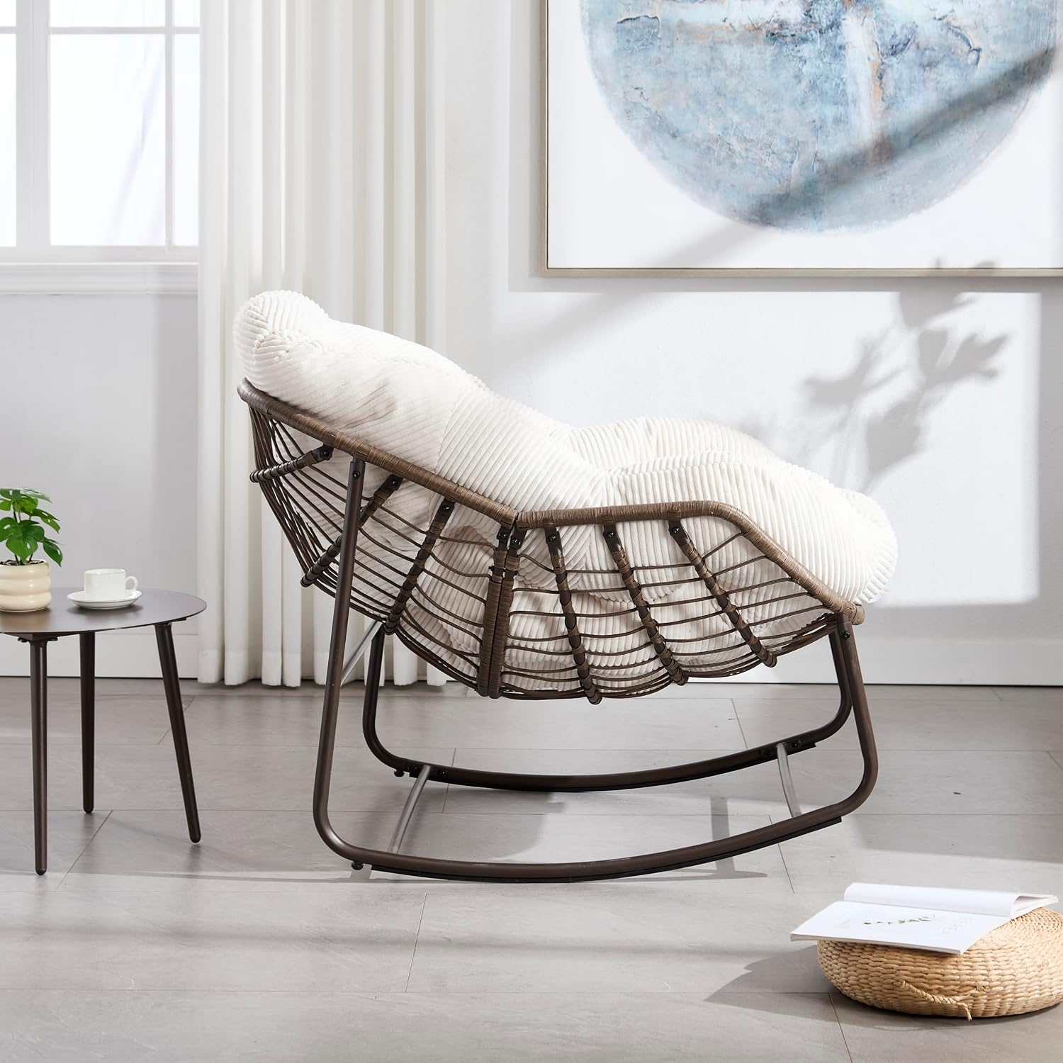 Rattan Rocking Chair for Indoor Outdoor Patio Oversized Wicker Egg Chair with Steel Frame Corduroy Padded Cushion Rocker Recliner Chair Comfy Lounger Papasan Chair for Living Room Garden, Beige