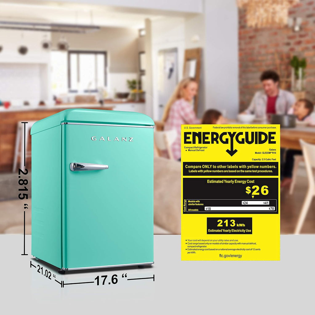 Galanz GLR25MGNR10 Retro Compact Refrigerator, Mini Fridge with Single Doors, Adjustable Mechanical Thermostat with Chiller, Green, 2.5 Cu Ft