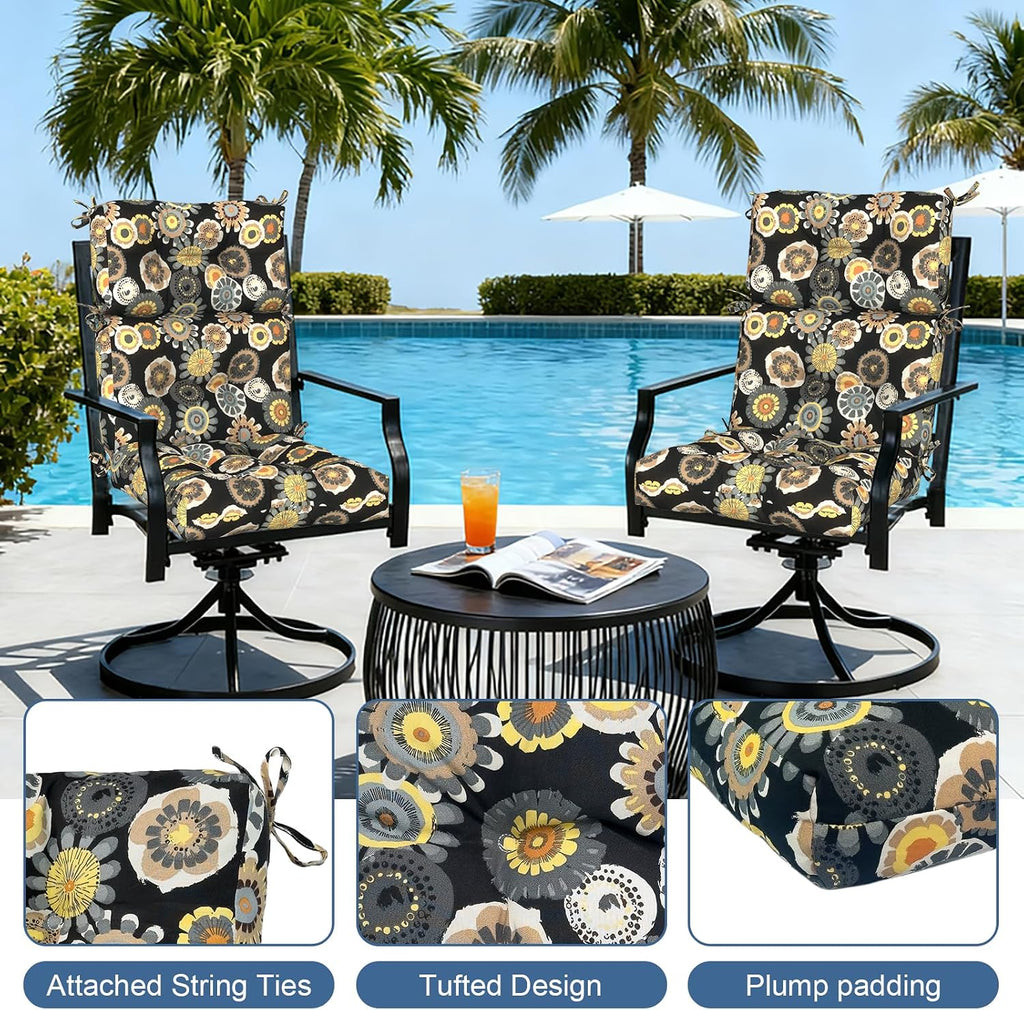 LVTXIII Outdoor High Back Chair Cushions 2 Pack, 44'x20'x4' Outdoor Patio Cushion Set with Ties, All Weather Thick Tufted Seat Cushions for Deep Seat & Rocking Chairs, Black Yellow Crosby