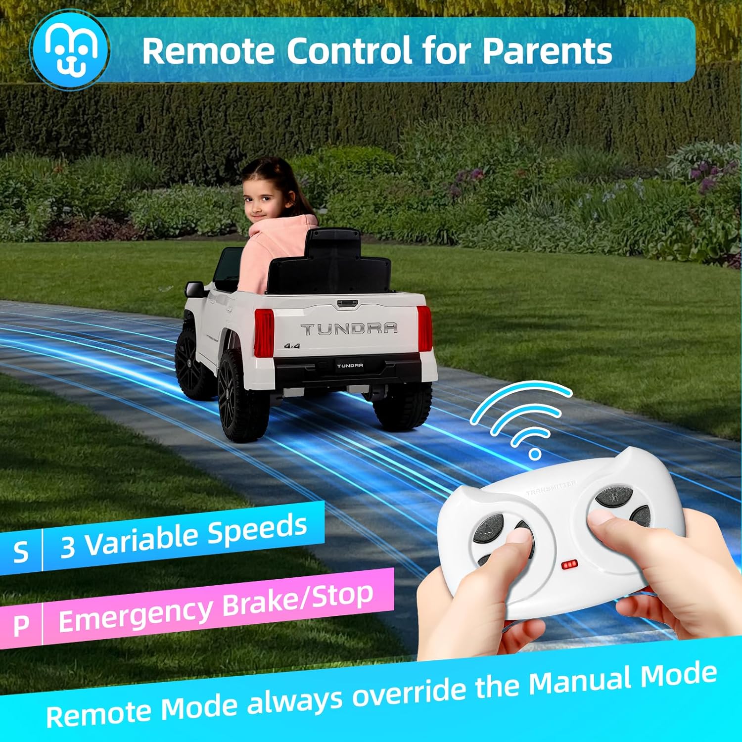MINIATURE MOTORS Licensed Toyota Tundra Kids Ride on Truck Car Remote Control 12V 7Ah Battery Electric Car for Toddlers Trunk Bluetooth Music Player 4 Wheel Full Suspension Gift for Boys Girls-White