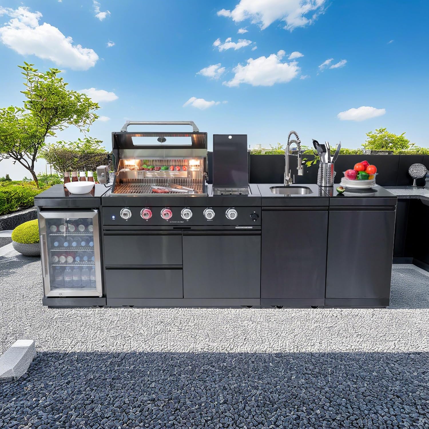 104' Natural Gas Outdoor Kitchen Island - 46-Inch 4-Burner 72,000 BTU Deluxe Stainless Steel Grill Wine Cooler Compact Refrigerator Rotisserie Granite Countertops Stainless steel Sink,Black
