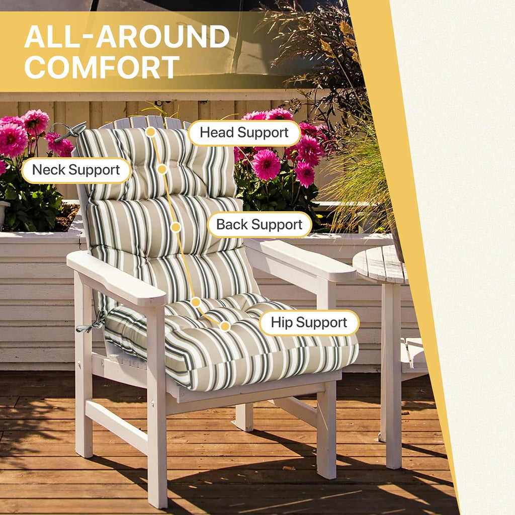 COOS BAY Outdoor Chair Cushions High Back 46x22 Inch, Tufted Patio Seat Cushions with Ties, Water-Resistant Replacement Pads, 2 Pack, Beige Stripes