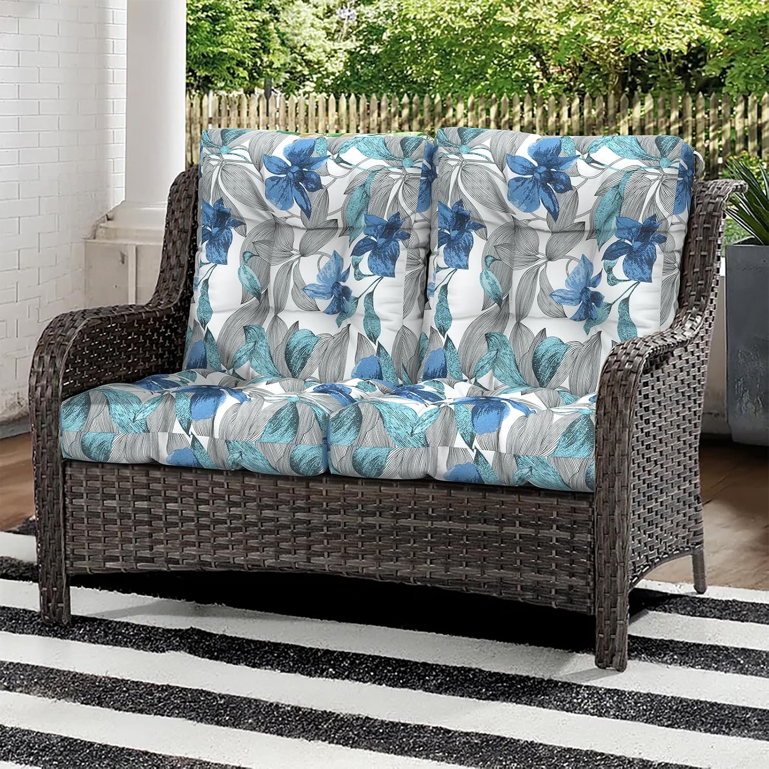 Outdoor Chair Cushions, Tufted Back Patio Furniture Cushions Set of 2, Water Repellent Chair Cushion for Garden, 42x21x4 Inch, Clemens Blue