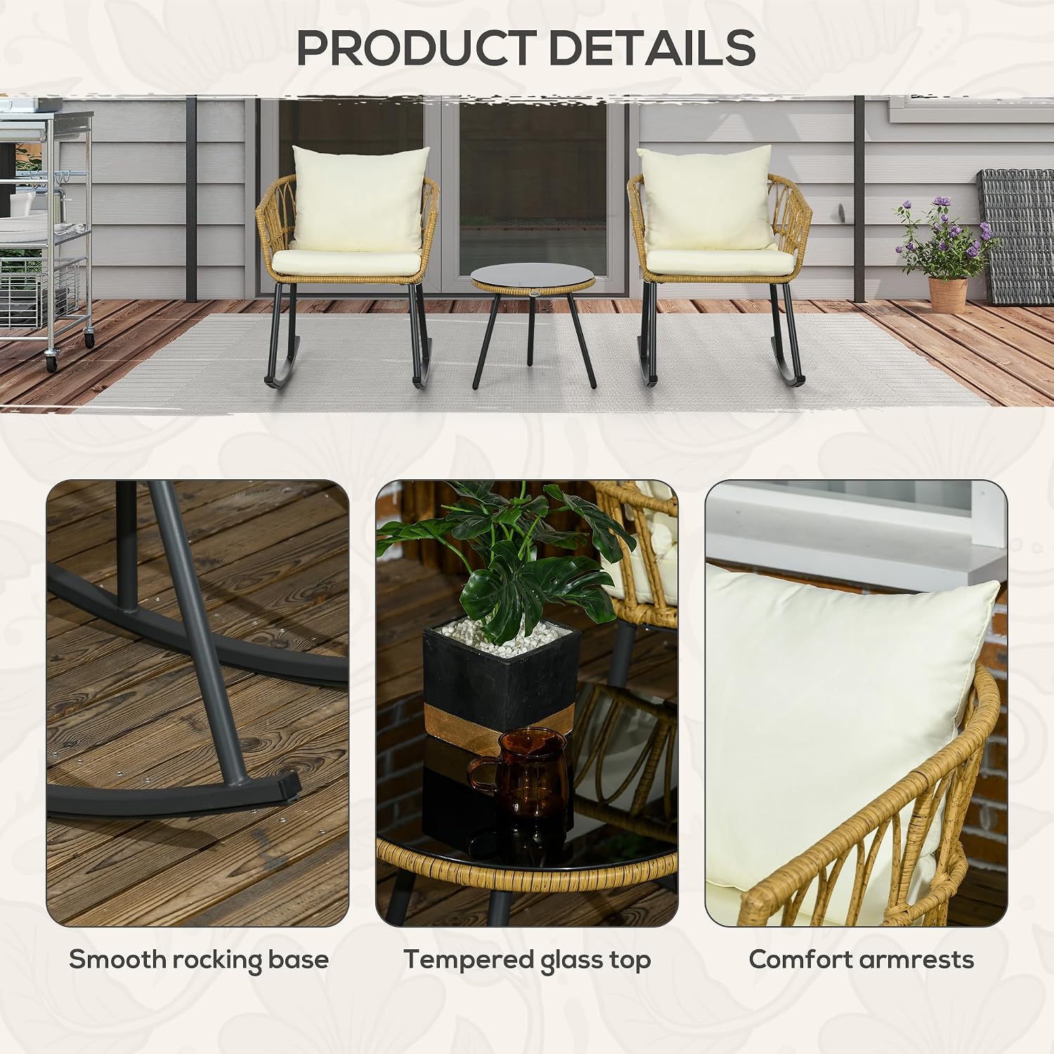 Outsunny Wicker Outdoor Rocking Chair Set, 3 Piece Patio Bistro Set with 2 Porch Rocker Chairs, Glass Top Coffee Table and Cushions, Patio Conversation Set for Balcony, Backyard, Cream White