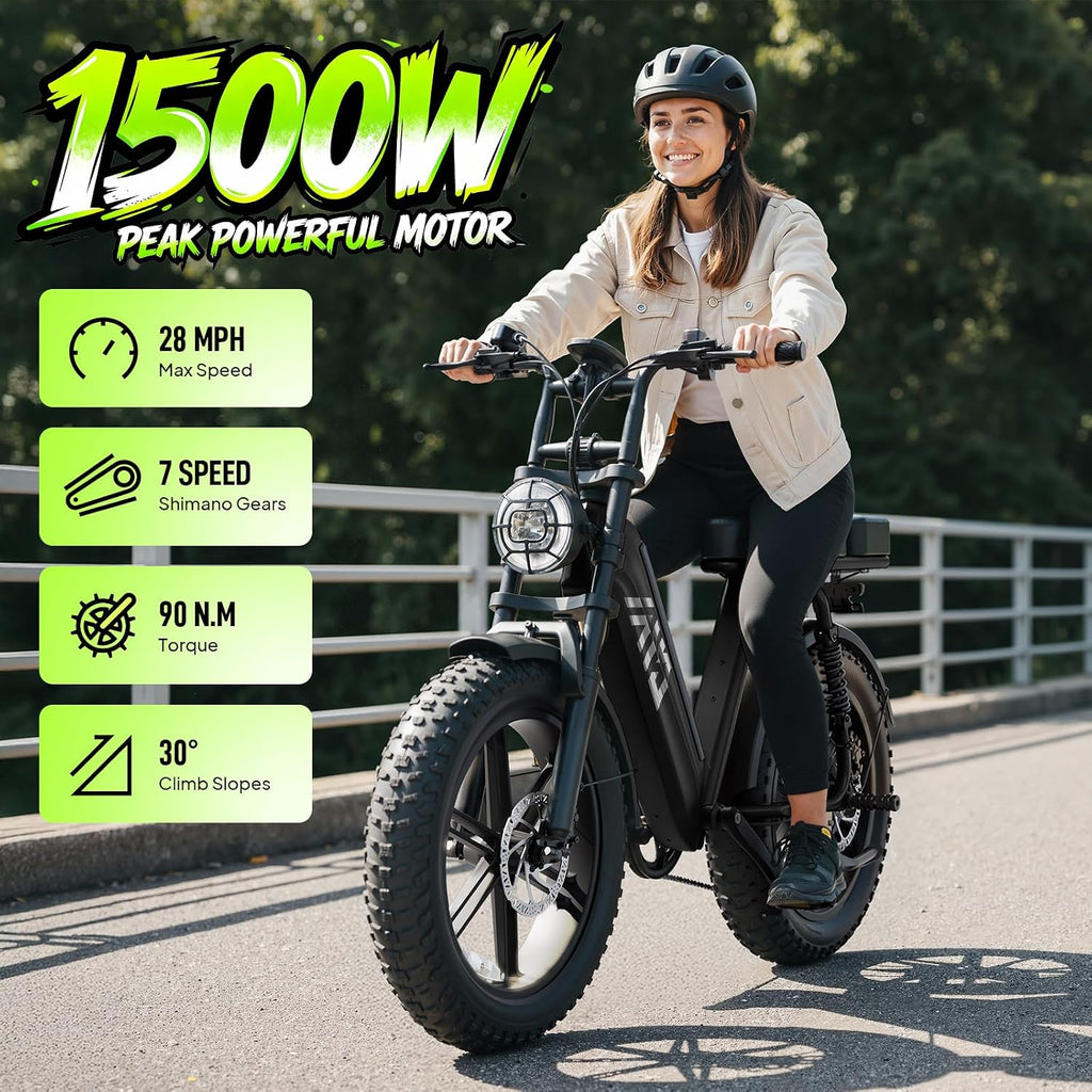 TST Electric Bike for Adults 1500W Peak 20' Fat Tire All-Terrain E-Bike 60 Miles Electric Dirt Bike for Road Sand Mountain Snow - 48V 15AH Battery Powered Electric Motorcycle for Adventure