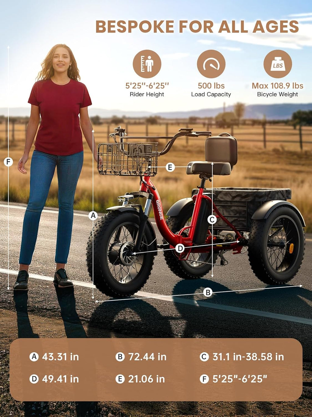 QRONGE Electric Tricycle for Adults 960W Peak, 36V 15AH Battery Ebike 50 Miles Range with Large Rear Basket, Electric Trike 20'*4' Fat Tire, Max 20MPH 3 Wheel Folding Electric Trike for Adults(Lava)