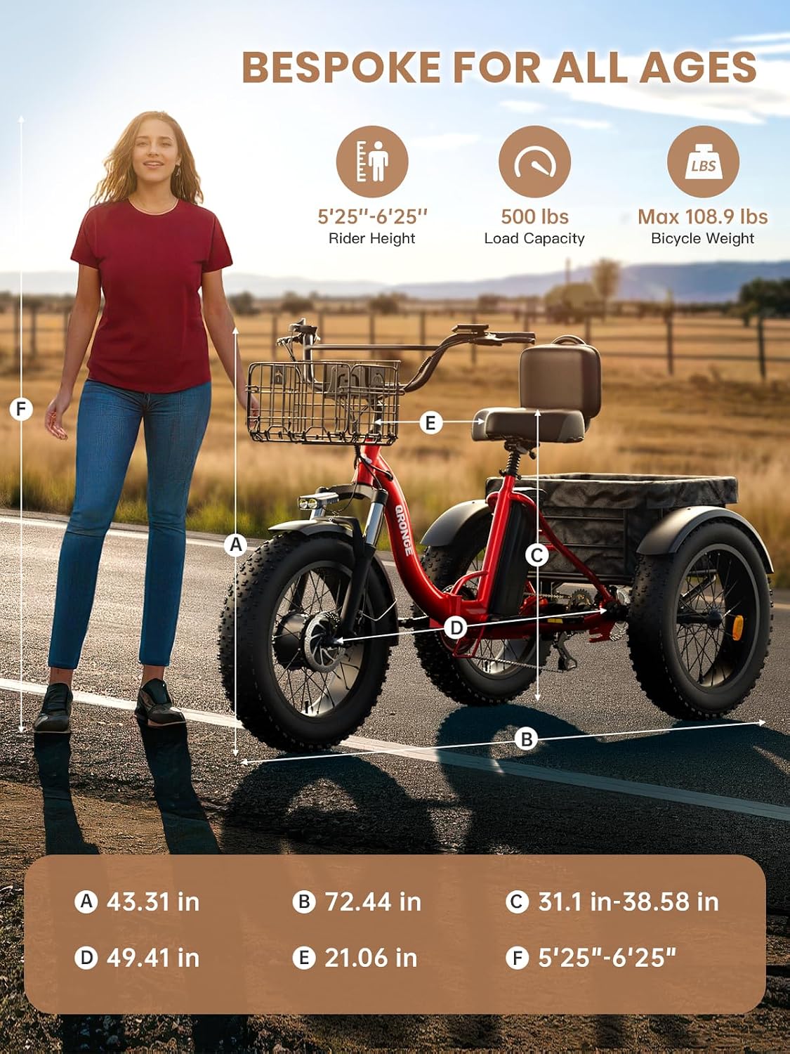 QRONGE Electric Tricycle for Adults 960W Peak, 36V 15AH Battery Ebike 50 Miles Range with Large Rear Basket, Electric Trike 20'*4' Fat Tire, Max 20MPH 3 Wheel Folding Electric Trike for Adults(Lava)