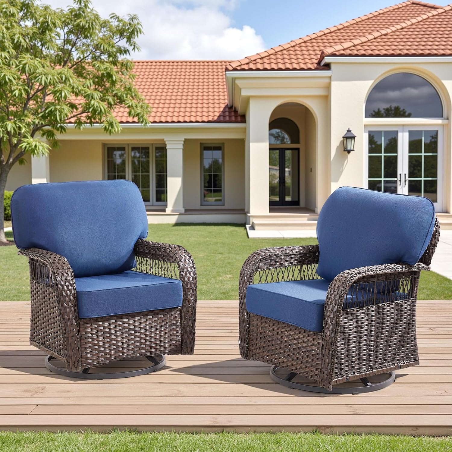 Wicker Swivel Rocker Patio Chairs, Patio Wicker Chairs Swivel Rocker Set of 2 All Weather Glider Rocking Chair Outdoor Conversation Furniture Set for Deck Porch Garden Backyard, Blue