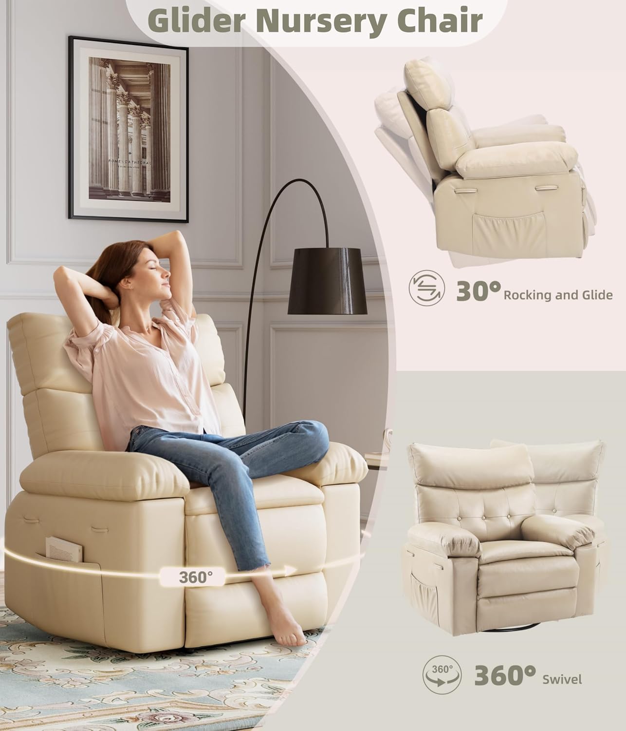 GarveeHome Oversized Leather Recliner Chair - Heat and Massage, Swivel Rocker Manual Recliner for Adults, Lazy Rocking Chair with Comfort Arms and Back Single Sofa for Living Room
