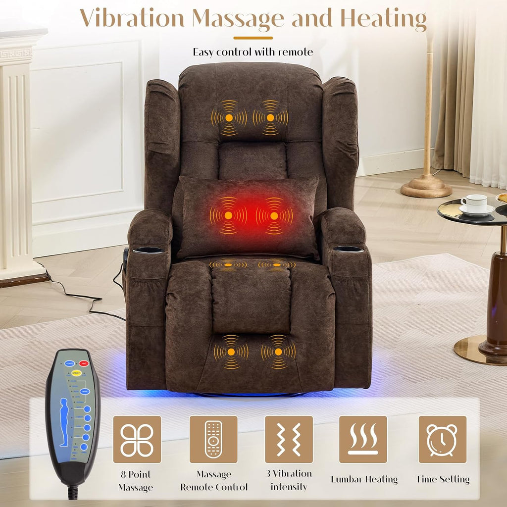 Power Swivel Rocker Recliner Chair with Massage & Heat, Dual Motor Electric Glider Rocking Recliner with USB Ports, Cup Holders & LED Light for Living Room, Home Theater (Brown)