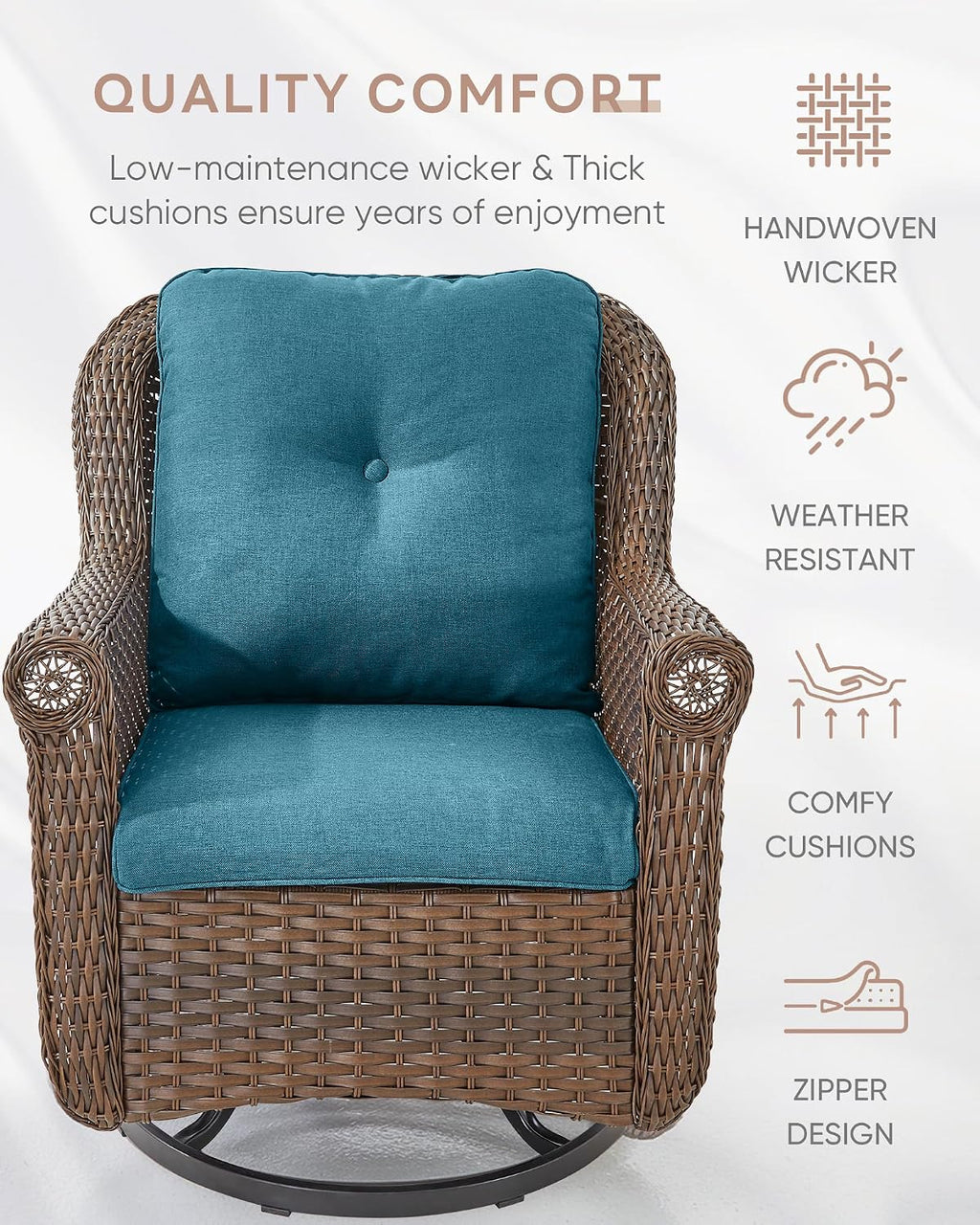 Patio Chairs Outdoor Swivel Glider - Set of 4 High Back Outside Brown Wicker Rattan Rocking Chair with Thick Cushion for Porch Apartment Deck Yard Poolside Garden - Peacock Blue