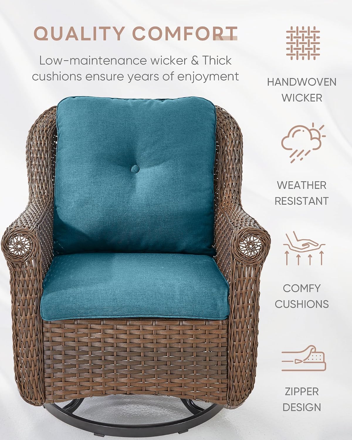Patio Chairs Outdoor Swivel Glider - Set of 4 High Back Outside Brown Wicker Rattan Rocking Chair with Thick Cushion for Porch Apartment Deck Yard Poolside Garden - Peacock Blue
