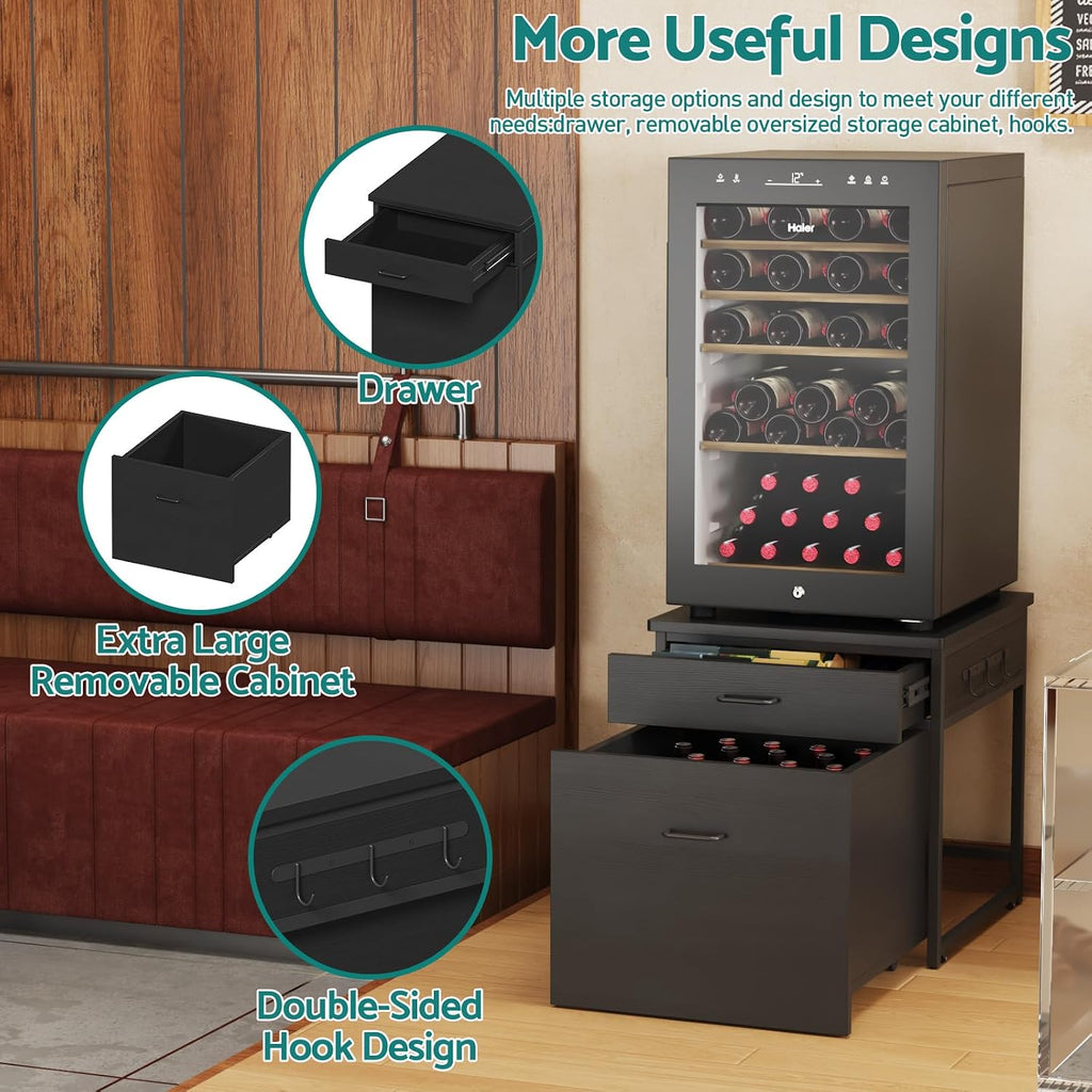 Kikihouse Mini Fridge Stand with Storage, Heavy Duty Mini Fridge Table with Rolling Cabinet, 250LBS Capacity Tabletop with Lockable Wheel for Dorm, Home, Office, Bedroom (Black)