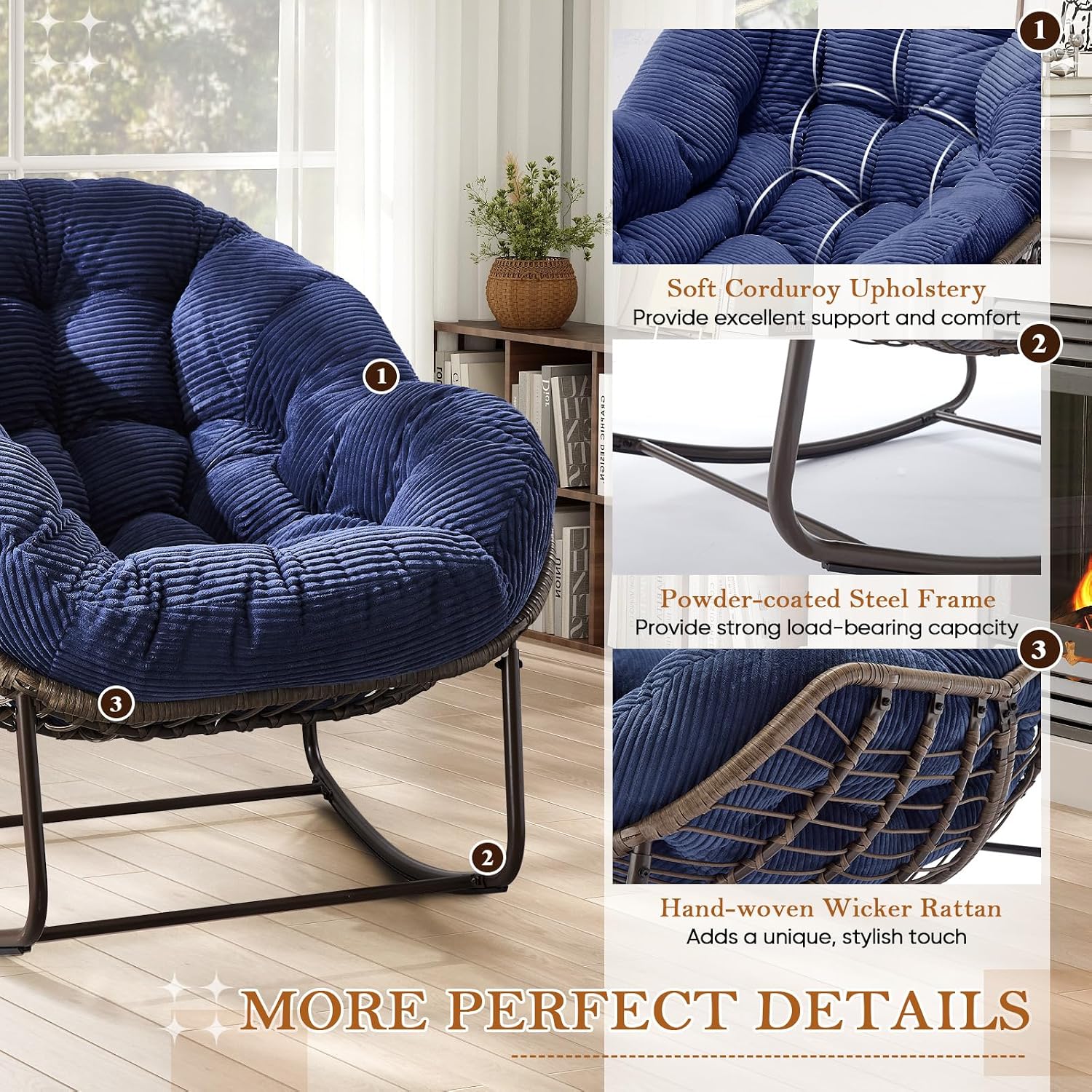 Outdoor Indoor Rocking Chair with Padded Cushion, Oversized Patio Papasan Rocking Egg Chair, All Weather Wicker Egg Rocking Chair, Comfy Large Rattan Rocker Lounge Chair for Front Porch,Garden, Patio