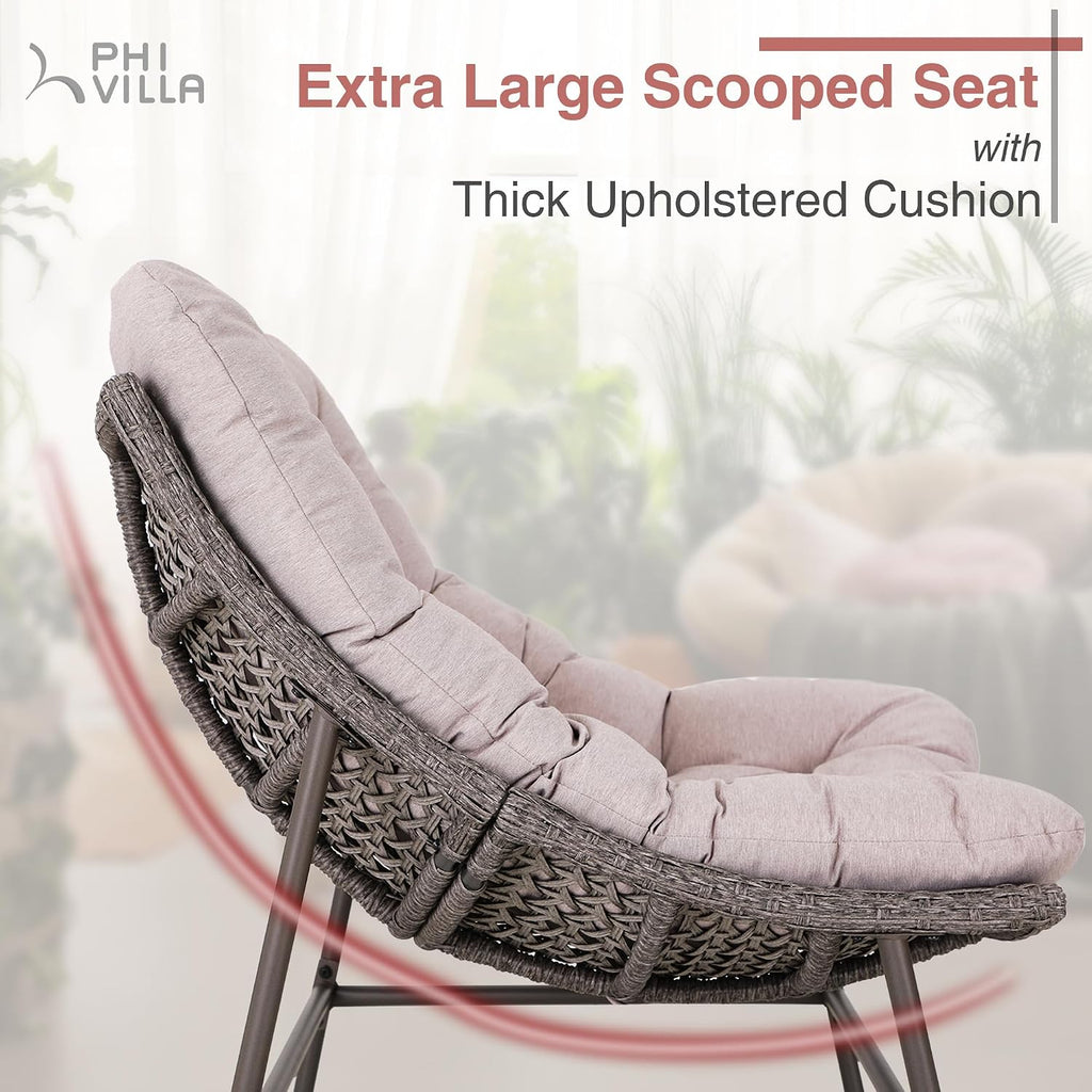 PHI VILLA Outdoor Papasan Chairs Set of 2, Oversized Scoop Wicker Chairs with Cushions & Steel Frame, Double Comfy Conversation Reading Furniture for Apartment Patio, Porch, Deck, Balcony