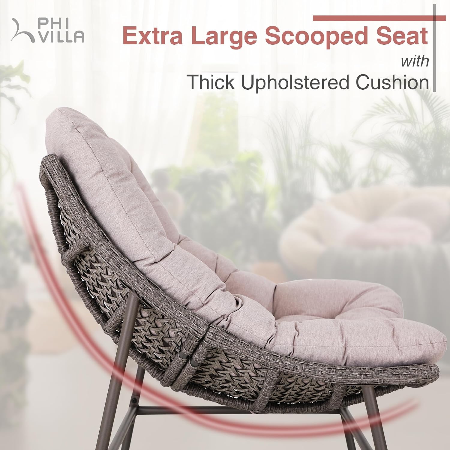PHI VILLA Outdoor Papasan Chairs Set of 2, Oversized Scoop Wicker Chairs with Cushions & Steel Frame, Double Comfy Conversation Reading Furniture for Apartment Patio, Porch, Deck, Balcony