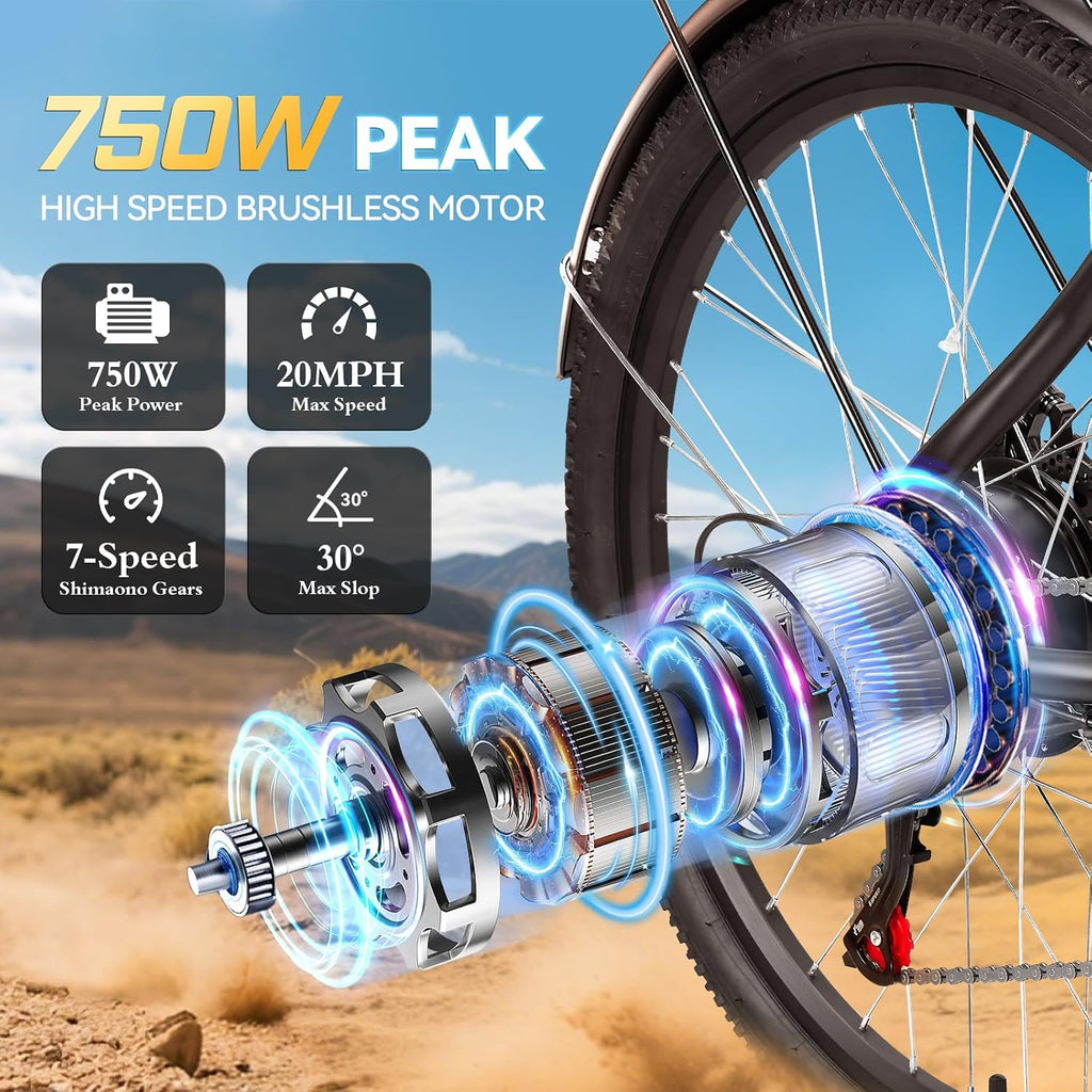 ZNH Electric Bike, 750W Peak Motor Electric Mountain Bike for Adults With 48V 13Ah Removable Battery, 20MPH 26'' Electric Bike, Suspension Fork, LED Display, Fat Tire Commuter EBike, Black (17S-Black)