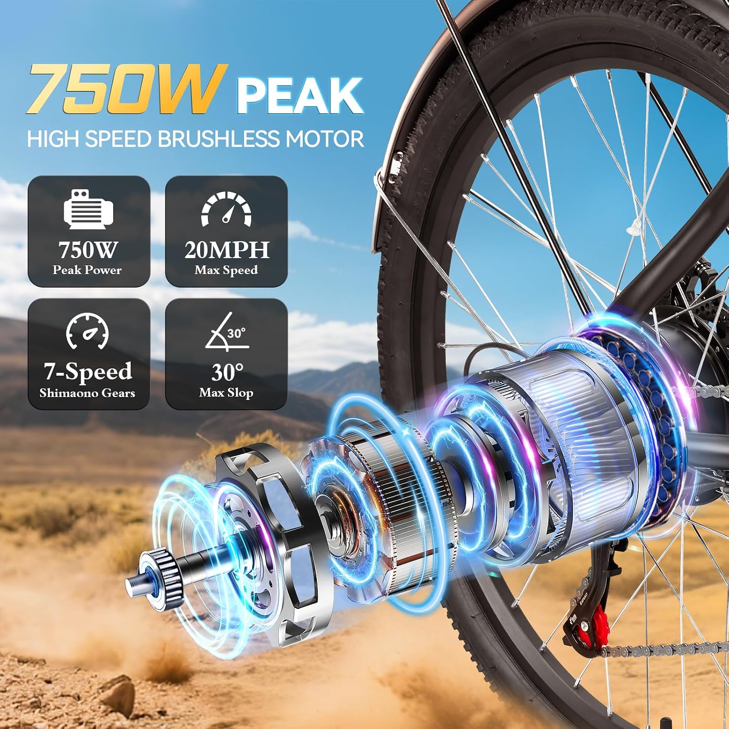 ZNH Electric Bike, 750W Peak Motor Electric Mountain Bike for Adults With 48V 13Ah Removable Battery, 20MPH 26'' Electric Bike, Suspension Fork, LED Display, Fat Tire Commuter EBike, Black (17S-Black)