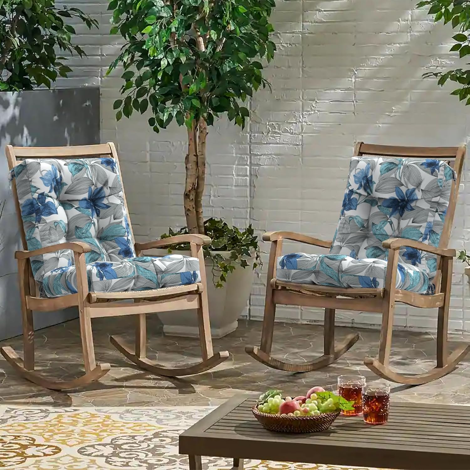 Outdoor Chair Cushions, Tufted Back Patio Furniture Cushions Set of 2, Water Repellent Chair Cushion for Garden, 42x21x4 Inch, Clemens Blue
