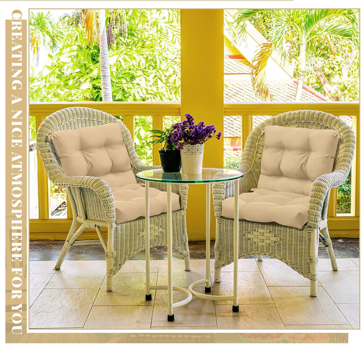 Marsui 4 Pcs Outdoor Indoor High Back Chair Cushions Patio Furniture Tufted Pillow with Ties Water-Resistant Replacement Outdoor Rocking Chair Cushions, 42 x 21 Inches (Beige,Solid Color)