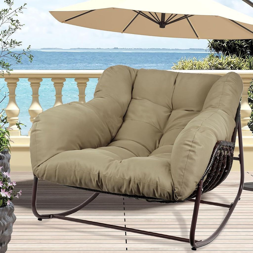 Outdoor Papasan Rocking Chair, Oversized Patio Rocking Chairs with Padded Cushion& Pillow-Comfortable Rocker Egg Chair for Front Porch, Garden, Patio, Backyard,2PC,Khaki