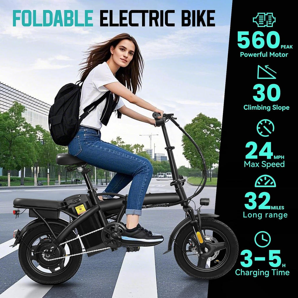 Electric Bike for Adults Teens, Commuter City Folding ebike with 560W Motor and 48V Battery, 24MPH 3-Level Pedals Assist, Dual Disc Brakes,14' Compact Foldable Electric Bicycle with UL2849 Certified