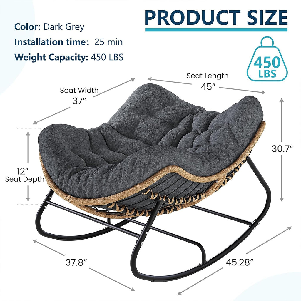LEYCAY Outdoor Rocking Chair, Oversized Papasan Chair, Indoor Comfy Lounge Rocker with Cushion for Patio, Living Room, Porch, Balcony-Dark Grey