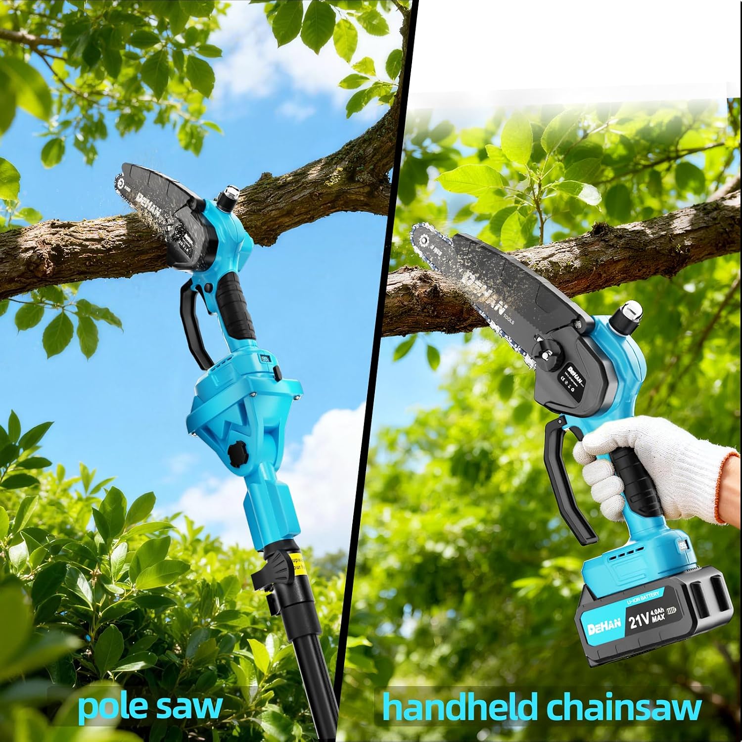 4-in-1 Electric Pole Saw for Tree Trimming, 6 Inch and 8 Inch Cordless Chainsaw with 2×4.0 Ah Batteries, Mini Chainsaw Cordless with Extension Pole, Battery Powered Pole Chain Saw for Branch Cutter