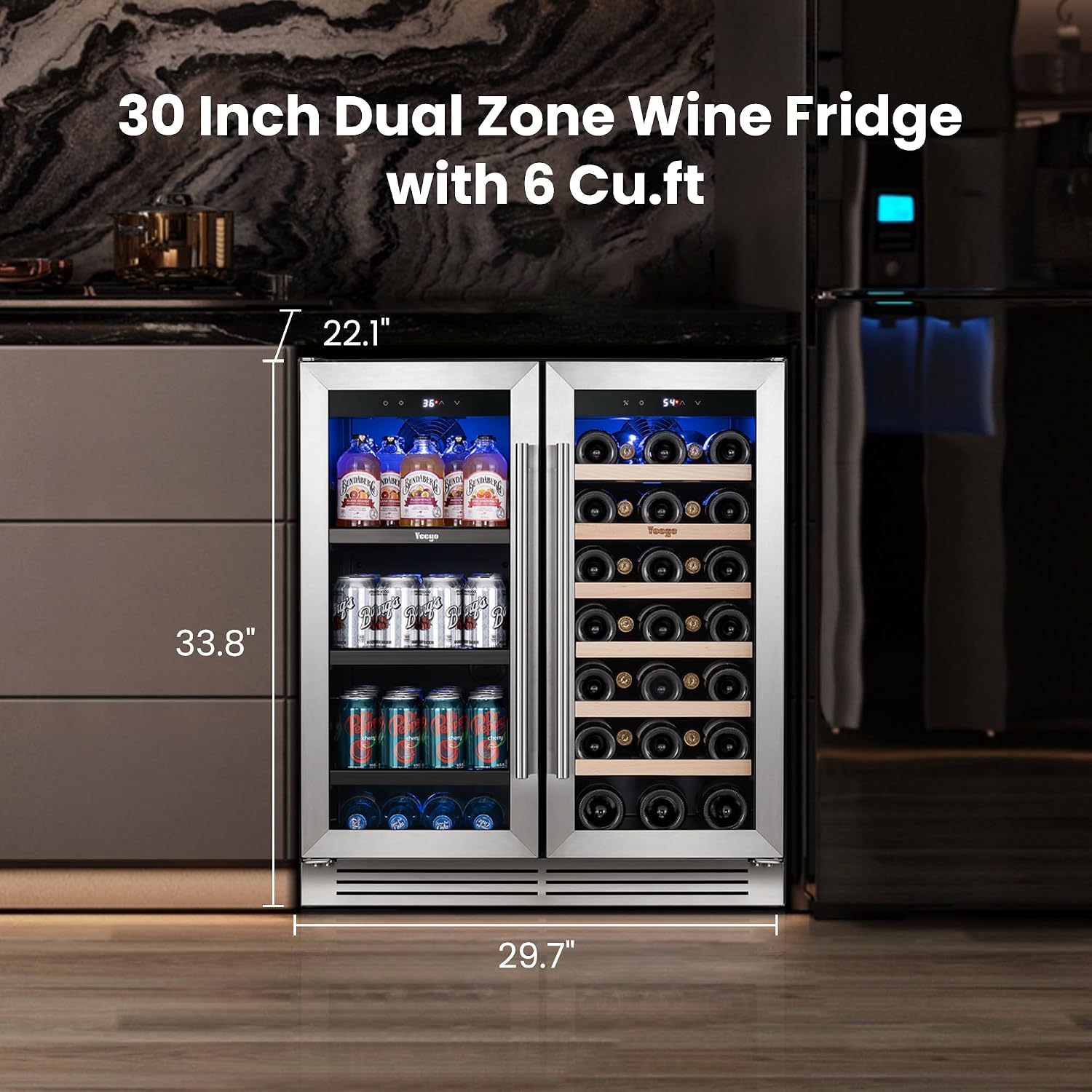Yeego Wine & Beverage Refrigerator, 30 Inch 80 Cans and 33 Bottles Dual Zone Wine Cooler with Glass Door, 36-72°F Drink Cooler for Built-in or Freestanding, For Kitchen,Bar or Office