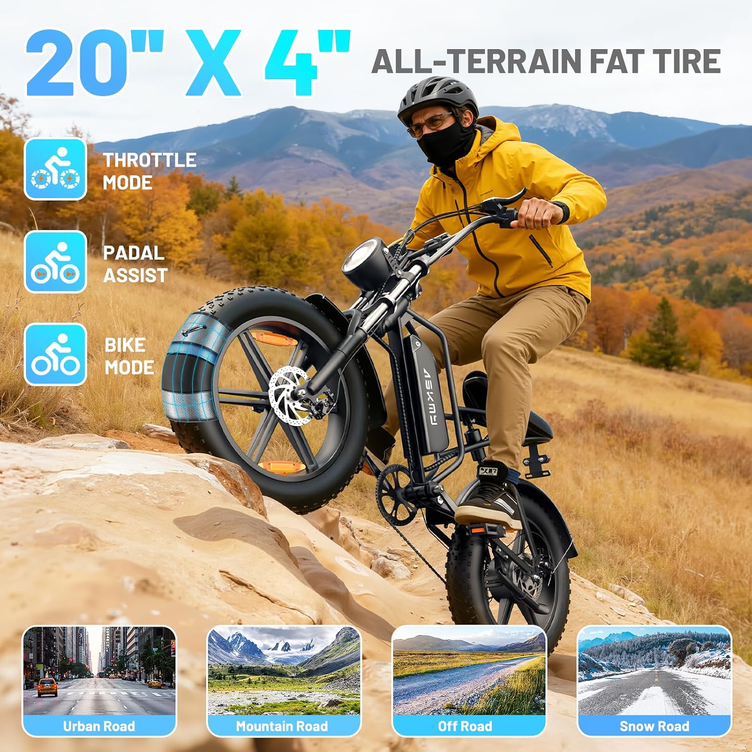Fat Tire Electric Mountain Bike, All Terrains Electric Bicycles, 1500W Peak Motor Dirt E-Bike with 28MPH and 60 Miles PAS Range (E500-48V 15Ah)