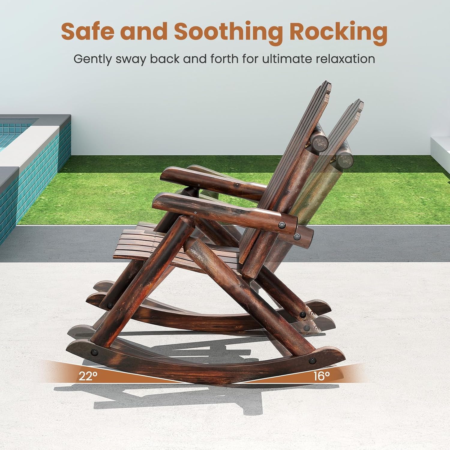 Giantex Outdoor Wooden Rocking Chair, Adirondack Porch Rocker with High Back and Wide Seat, Rustic Log Patio Chair for Front Porch Backyard Garden Balcony Deck, Brown (27'x36'x 38')