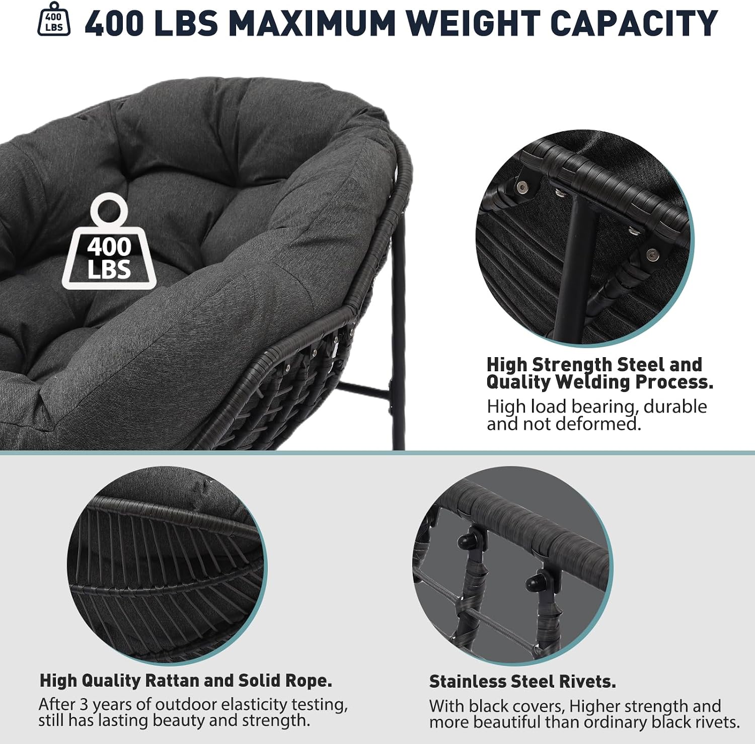Indoor & Outdoor Rocking Chair, Oversized Rattan Royal Rocking Chair with Padded Cushion, Rocker Egg Chair for Living Room, Patio, Front Porch, Backyard,Dark Grey