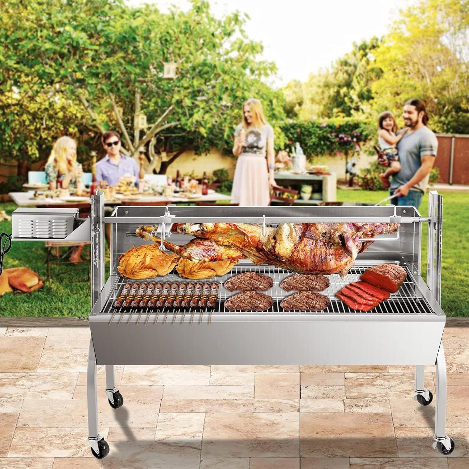 89 * 45 * 25cm,Fully Automatic Rotating Lamb/Meat Roasting Grill with Motor, Featuring A 30W Motor and Adjustable-Height Locking Casters, Suitable for Outdoor Camping Parties