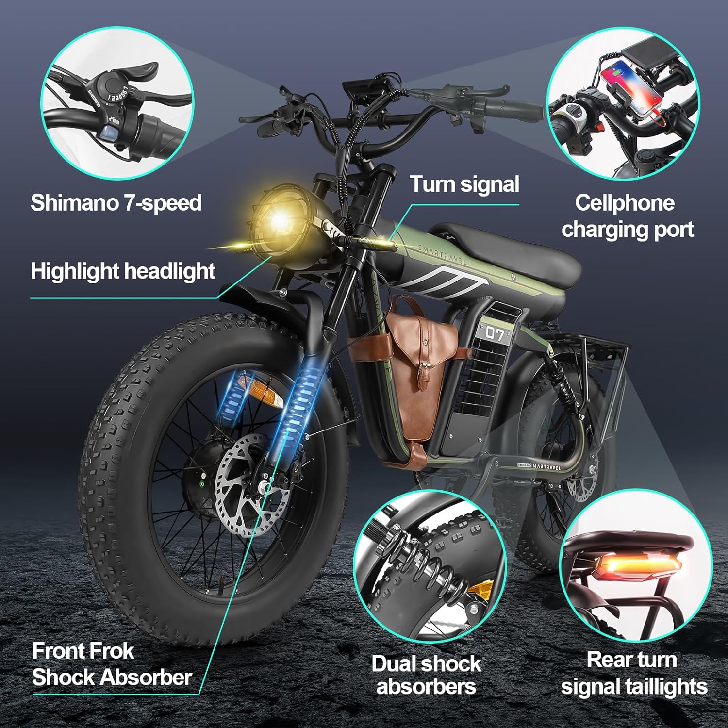 SMARTRAVEL Ebike with 1200W Brushless Motor,Removable 48V 20Ah Battery,UP to 32MPH,Electric Mountain Bike with 20' Fat Tire with Front/Rear Turn Signals for Men Women,Travel Bag