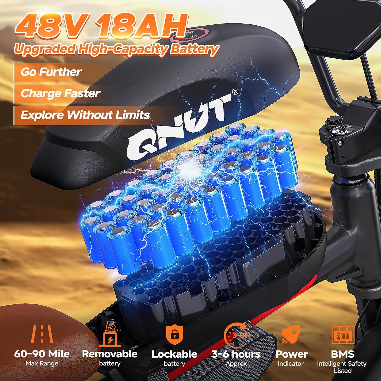 QNUT Electric Bike for Adults - 1500W Peak Motor 28MPH Speed, 48V 18Ah Battery, 60-90 Miles Range, 7-Speed Transmission, 20'x4.0' Retro Motorcycle Design for City & Trail Riding