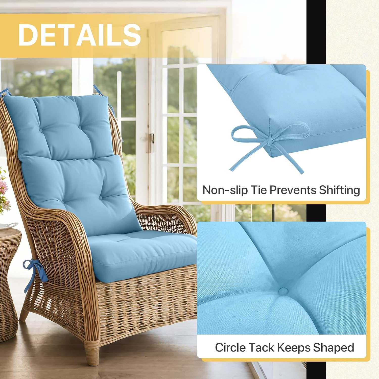 COOS BAY Outdoor Chair Cushions High Back 46x22 Inch, Tufted Patio Seat Cushions with Ties, Water-Resistant Replacement Pads, 4 Pack, Aqua Blue
