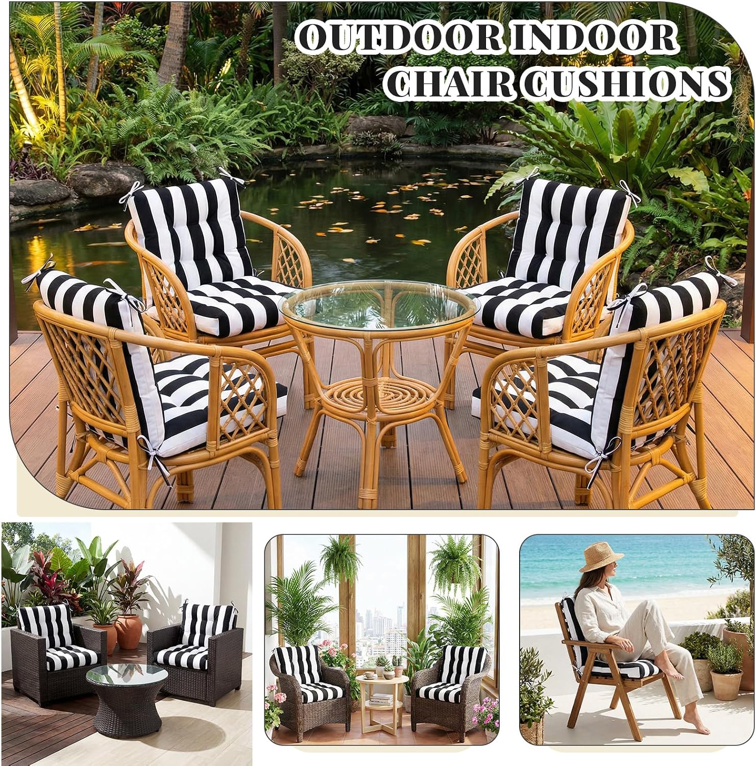 Marsui 4 Pcs Outdoor Indoor High Back Chair Cushions Patio Furniture Tufted Pillow with Ties Water-Resistant Replacement Outdoor Rocking Chair Cushions, 42 x 21 Inches (Black White,Stripe)