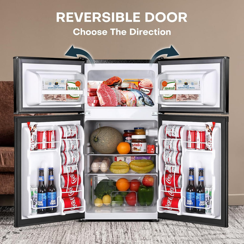 Upstreman 3.2 Cu.Ft Mini Fridge with Freezer, Double Door Mini Fridge, Adjustable Thermostat, Mini Refrigerator for Dorm, Office, Bedroom, Black-BD321