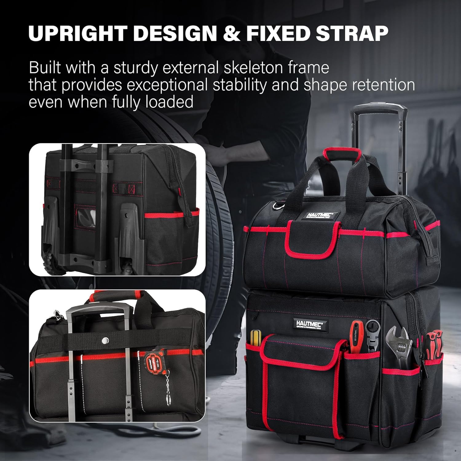 HAUTMEC 2-Piece Rolling Tool Bag Set, 15' Wheeled Tool Bag & Wide Mouth Tool Tote, Heavy-Duty Tool Storage Organizer with Durable Off-Road Wheel, Steel Telescoping Handle & Shoulder Strap – HT0288